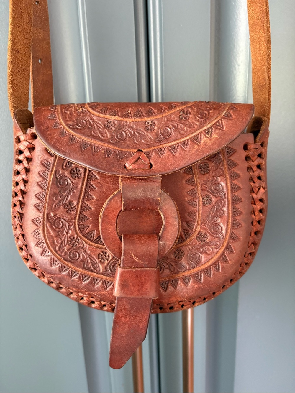 Handcrafted Brown Tooled Leather Saddle Bag - Women